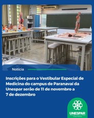 Inscrições para o Vestibular Especial de Medicina do campus de Paranavaí da Unespar serão de 11 de novembro a 7 de dezembro